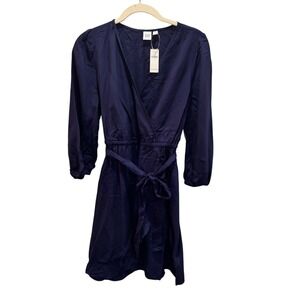 GAP Navy Blue Wrap Midi Dress with Tie Waist and‎ Long Sleeves Size 10 NWT